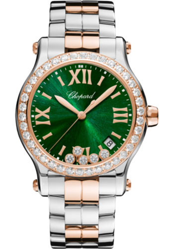 Chopard Happy Sport Round Watch - 36.00 mm Rose Gold And Steel Diamond Case - Green Dial