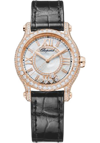 Chopard Happy Sport Watch - 30.00 mm Rose Gold Diamond Case - Mother-Of-Pearl Dial - Black Strap