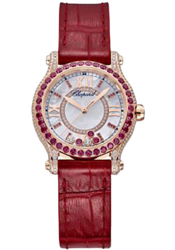 Chopard Happy Sport Joaillerie Watch - 30.00 mm Rose Gold Diamond Case - Mother-Of-Pearl Dial - Red Strap