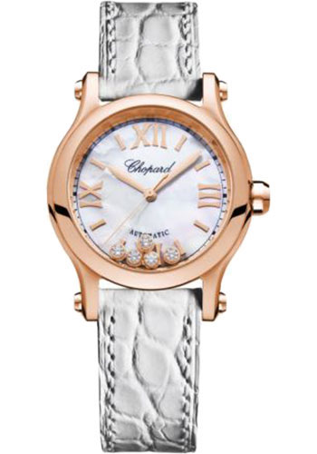 Chopard Happy Sport Round Watch - 30.00 mm Rose Gold Case - Textured Mother-Of-Pearl Dial - White Strap