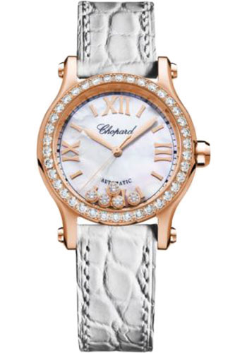 Chopard Happy Sport Round Watch - 30.00 mm Rose Gold Diamond Case - Textured Mother-Of-Pearl Dial - White Strap