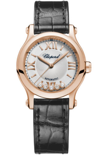 Chopard Happy Sport Round Watch - 30.00 mm Rose Gold Case - Silver Dial - Black Strap