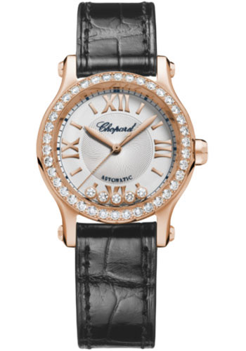 Chopard Happy Sport Round Watch - 30.00 mm Rose Gold Diamond Case - Silver Dial - Black Strap