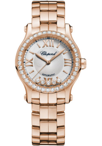 Chopard Happy Sport Round Watch - 30.00 mm Rose Gold Diamond Case - Silver Dial