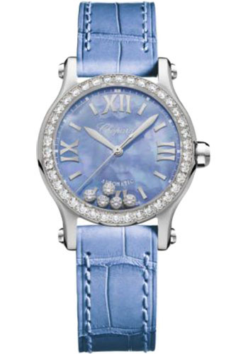 Chopard Happy Sport Round Watch - 30.00 mm Steel Diamond Case - Textured Mother-Of-Pearl Dial - Blue Strap