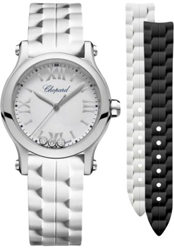 Chopard Happy Sport Round Watch - 30.00 mm Steel Case - Silver Dial - Black And White Rubber Strap