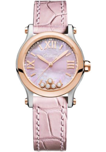 Chopard Happy Sport Round Watch - 30.00 mm Steel And Rose Gold And Steel Case - Textured Mother-Of-Pearl Dial - Pink Strap