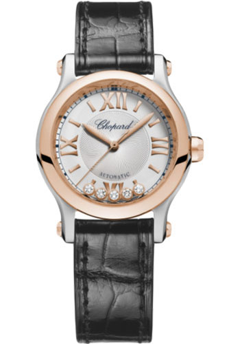 Chopard Happy Sport Round Watch - 30.00 mm Steel And Rose Gold And Steel Case - Silver Dial - Black Strap