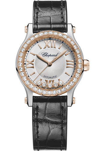 Chopard Happy Sport Watch - 30 mm Rose Gold and Steel Watch - Diamond Bezel - Silver Dial - Black Alligator Strap