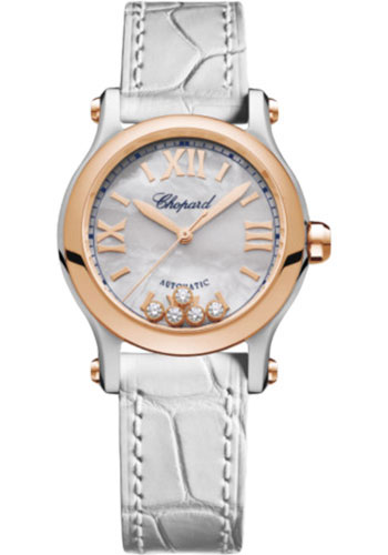 Chopard Happy Sport Round Watch - 30.00 mm Rose Gold And Steel Case - Mother-of-Pearl Dial - White Strap