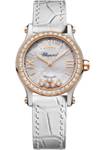 Chopard Happy Sport Round Watch - 30.00 mm Rose Gold And Steel Diamond Case - Mother-of-Pearl Dial - White Strap