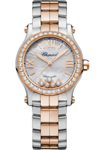 Chopard Happy Sport Round Watch - 30.00 mm Rose Gold And Steel Diamond Case - Mother-of-Pearl Dial