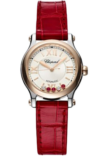 Chopard Happy Sport Watch - 30.00 mm Steel And Rose Gold Diamond Case - Silver Dial - Red Strap