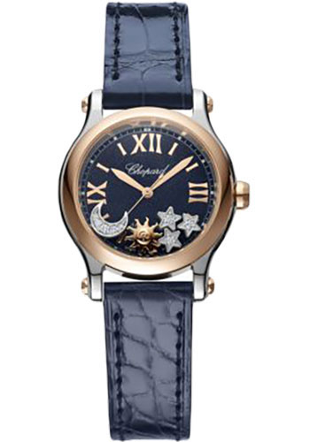 Chopard Happy Sport Sun, Moon And Stars Watch - 30.00 mm Steel And Rose Gold Diamond Case - Deep Blue Dial - Blue Strap