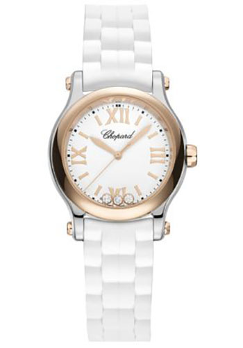 Chopard Happy Sport Watch - 30.00 mm Steel And Rose Gold Diamond Case - White Dial - Black Rubber Strap