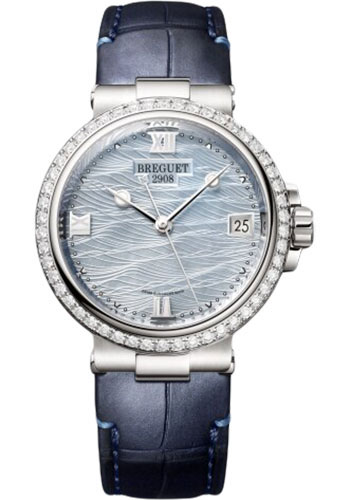 Breguet Marine Dame 9518 - White Gold Case - Marea Motif Mother-Of-Pearl Dial - Blue Leather Strap