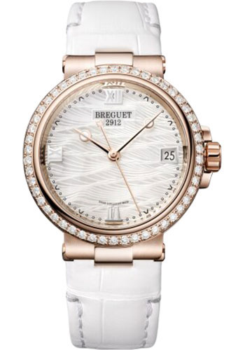 Breguet Marine Dame 9518 - Rose Gold Case - Marea Motif Mother-Of-Pearl Dial - White Leather Strap