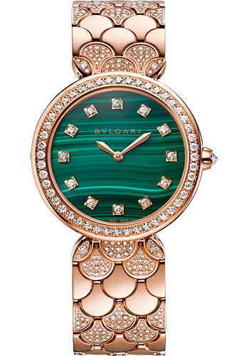 Bvlgari Divas’ Dream Watch - 33 mm Rose Gold Diamond Case - Malachite Dial - Diamond Bracelet