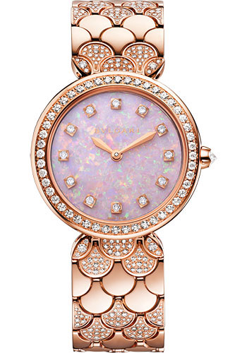 Bvlgari Divas’ Dream Watch - 33 mm Rose Gold Diamond Case - Pink Opal Dial - Diamond Bracelet
