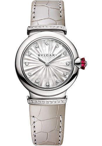Bvlgari Lvcea Watch - 28 mm Steel Case - White Mother-Of-Pearl Dial - Gray Alligator Strap