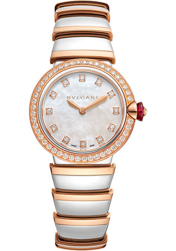 Bvlgari Lvcea Watch - 28 mm Rose Gold And Steel Case - Diamond Bezel - White Mother-Of-Pearl Dial - Steel And Gold Bracelet