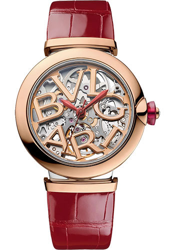 Bvlgari Lvcea Watch - 33 mm Rose Gold and Stainless Steel Case - Openwork Dial - Red Alligator Strap