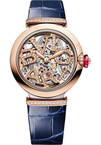 Bvlgari Lvcea Watch - 33 mm Rose Gold And Stainless Steel Case - Openwork Dial - Blue Alligator Strap