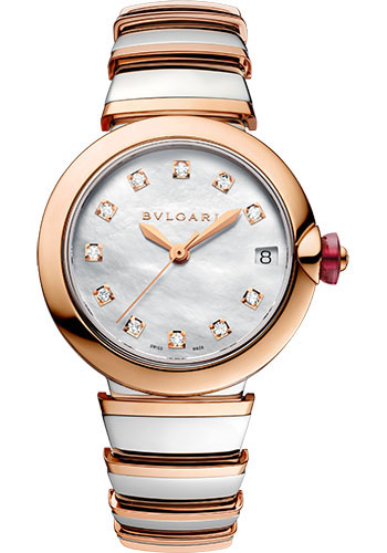 Bvlgari Lvcea Watch - 33 mm Stainless Steel Case - Rose Gold Bezel - White Mother-Of-Pearl Dial - Steel And Gold Bracelet