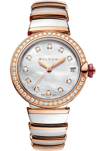 Bvlgari Lvcea Watch - 33 mm Rose Gold And Steel Case - Diamond Bezel - White Mother-Of-Pearl Dial - Steel And Gold Bracelet