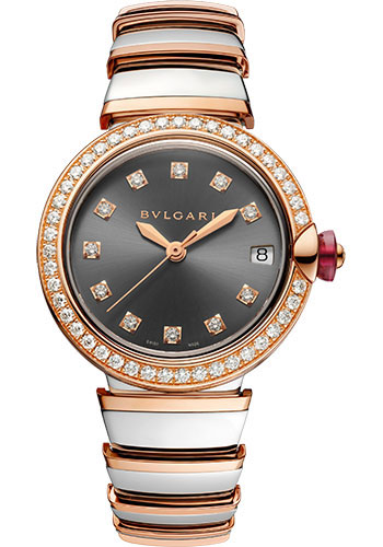 Bvlgari Lvcea Watch - 33 mm Stainless Steel Case - Rose Gold Diamond Bezel - Grey Dial - Steel And Gold Bracelet