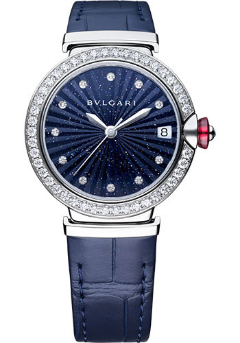 Bvlgari Lvcea Watch - 33 mm Stainless Steel Diamond Case - Blue Aventurine Marquetry Dial - Blue Alligator Strap