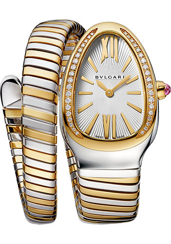 Bvlgari Serpenti Tubogas Watch - 35 mm Yellow Gold And Steel Case - Diamond Bezel - White Dial - Tubogas Single-Spiral Steel And Gold Bracelet