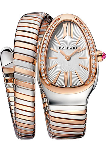 Bvlgari Serpenti Tubogas Watch - 35 mm Stainless Steel Case - Rose Gold Diamond Bezel - Silver Dial - Tubogas Single Spiral Steel And Gold Bracelet