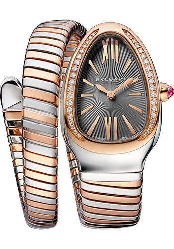 Bvlgari Serpenti Tubogas Watch - 35 mm Stainless Steel Case - Rose Gold Diamond Bezel - Grey Dial - Tubogas Single Spiral Steel And Gold Bracelet