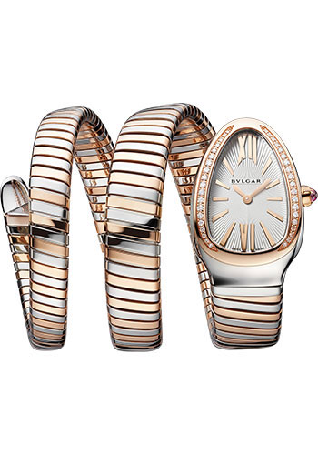 Bvlgari Serpenti Tubogas Watch - 35 mm Stainless Steel Case - Rose Gold Diamond Bezel - Silver Dial - Tubogas Double Spiral Steel And Gold Bracelet