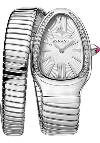 Bvlgari Serpenti Tubogas Watch - 35 mm Stainless Steel Diamond Case - Silver Dial - Single Spiral Steel Bracelet