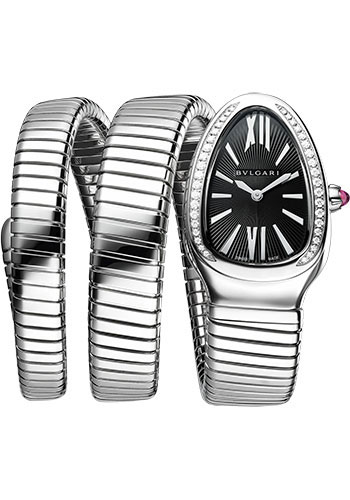 Bvlgari Serpenti Tubogas Watch - 35 mm Stainless Steel Case - Diamond Bezel - Black Dial - Large Double Spiral Steel Bracelet