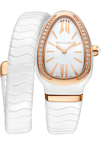 Bvlgari Serpenti Spiga Watch - 35 mm White Ceramic Case - Rose Gold Diamond Bezel - White Dial - Spiga Single Spiral Ceramic Bracelet