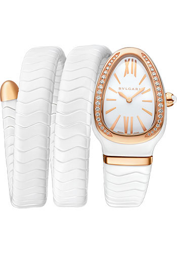 Bvlgari Serpenti Spiga Watch - 35 mm White Ceramic Case - Rose Gold Diamond Bezel - White Dial - Double Spiral Ceramic Bracelet
