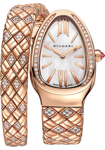 Bvlgari Serpenti Spiga Watch - 35 mm Rose Gold Diamond Case - White Mother-Of-Pearl Dial - Diamond Bracelet