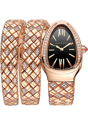 Bvlgari Serpenti Spiga Watch - 35 mm Rose Gold Diamond Case - Black Dial - Diamond Bracelet