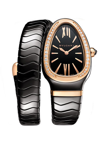 Bvlgari Serpenti Spiga Watch - 35 mm Black Ceramic Case - Rose Gold Diamond Bezel - Black Dial - Spiga Single Spiral Ceramic Bracelet