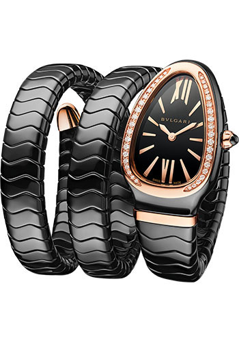 Bvlgari Serpenti Spiga Watch - 35 mm Black Ceramic Case - Rose Gold Diamond Bezel - Black Dial - Double Spiral Ceramic Bracelet