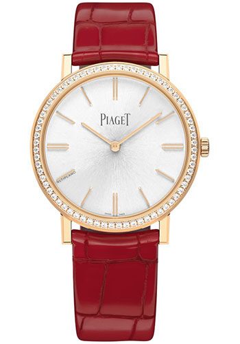 Piaget Altiplano Watch - Rose Gold Diamond Case - Silvered Dial - Red Strap Novelty