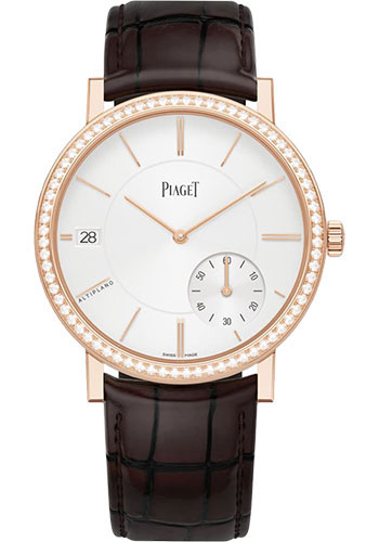Piaget Altiplano Watch - Rose Gold Diamond Case - Silvered Dial - Brown Strap