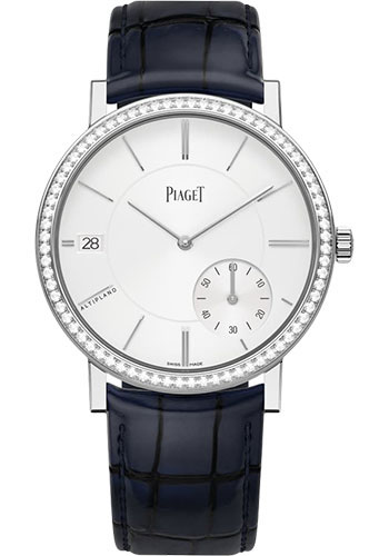 Piaget Altiplano Watch - White Gold Diamond Case - Silvered Dial - Blue Strap