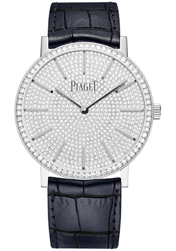 Piaget Altiplano Watch - White Gold Diamond Case - Fully Paved Dial - Blue Strap