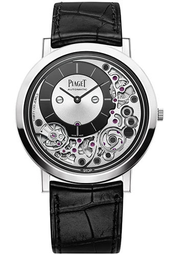 Piaget Altiplano Ultimate Automatic Watch - White Gold Case - Black Off-Center Dial - Black Strap