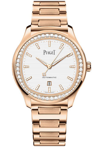 Piaget Polo Date Watch - Rose Gold Diamond Case - White Dial - Gold Bracelet