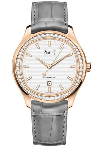 Piaget Polo Date Watch - Rose Gold Diamond Case - White Dial - Gray Strap